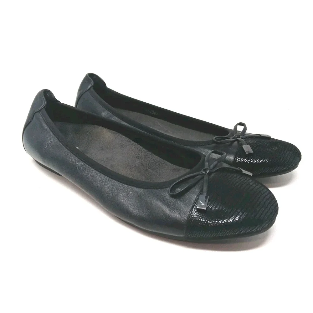 Vionic Minna Black Leather Ballet Flats Bow Cap Toe Women’s Size 11 Medium - Picture 1 of 8